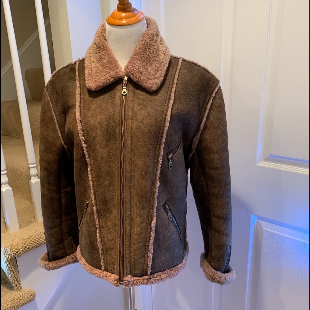 Jacket, Shearling Bomber Jacket, Brown, Size M - image 1